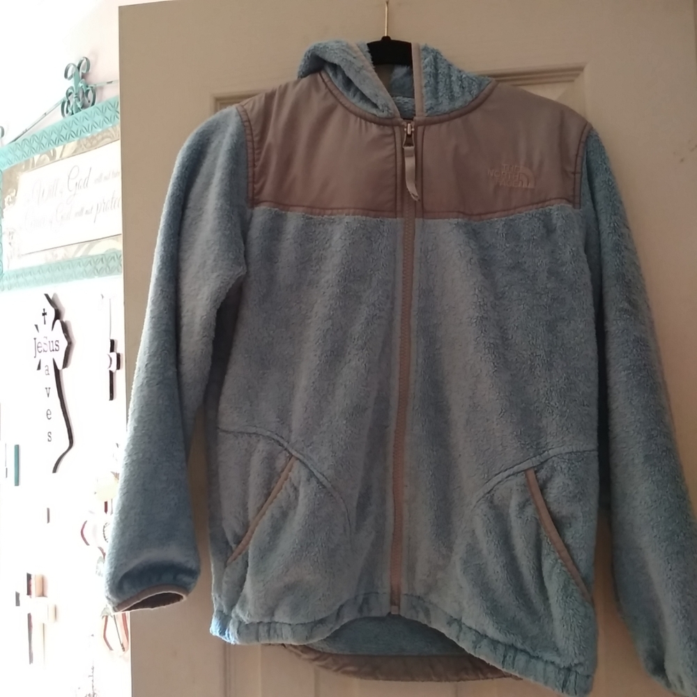 The North Face Girls Large Fleece Jacket hooded Zip Blue & Gray pockets